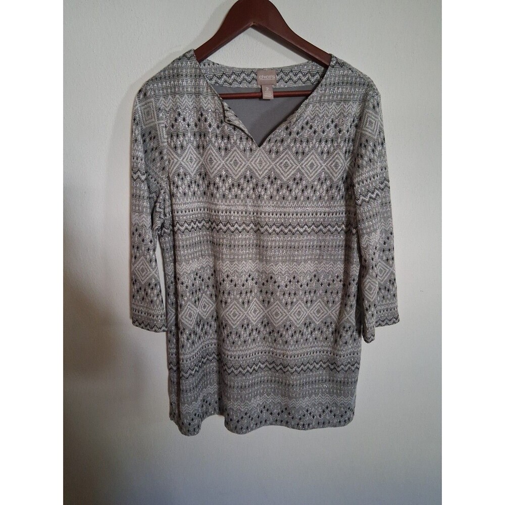 Chicos Metallic Shimmer‎ Geometric Knit V-Neck Tunic Silver Top Lightweight SZ 2